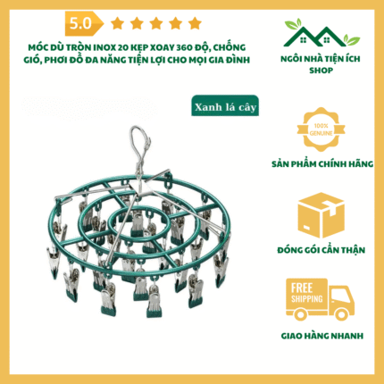 Móc Dù Tròn Inox 20 Kẹp Chống Gió Xoay 360 Độ Phơi Đồ Đa Năng