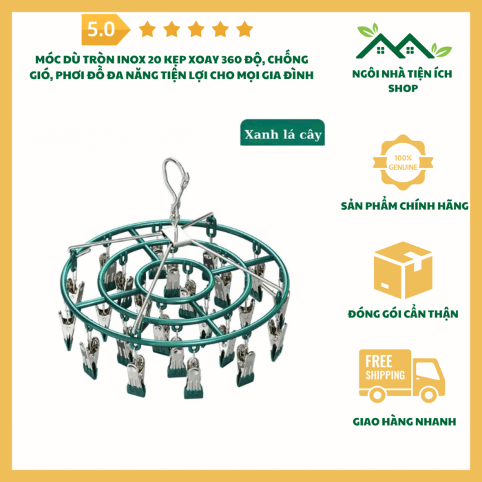 Móc Dù Tròn Inox 20 Kẹp Chống Gió Xoay 360 Độ Phơi Đồ Đa Năng