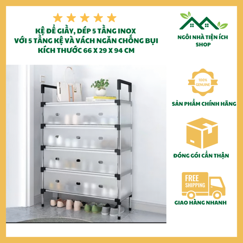 Kệ Để Giày Dép 5 Tầng Inox Lắp Ráp Vách Ngăn Chống Bụi