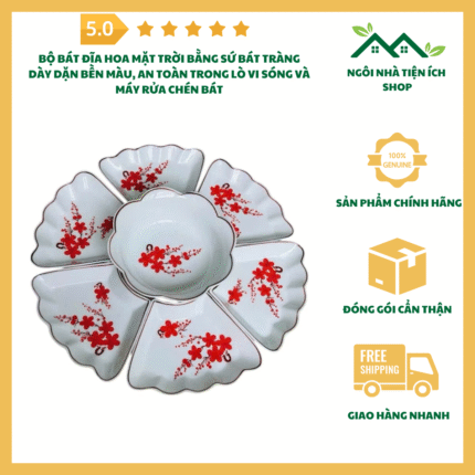 Bộ bát đĩa hoa mặt trời bằng sứ Bát Tràng gồm 6 đĩa và 1 tô trắng cao cấp