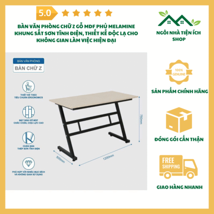 Bàn Văn Phòng Chữ Z Gỗ MDF Phủ Melamine Khung Sắt Sơn Tĩnh Điện thiết kế hiện đại cá tính