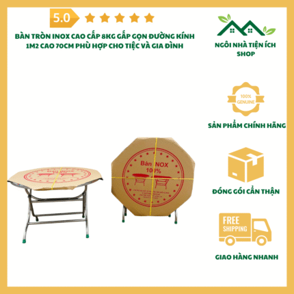 Bàn Tròn Inox Cao Cấp 8kg Gấp Gọn Đường Kính 1m2 Cao 70cm Phù Hợp Cho Tiệc Và Gia Đình