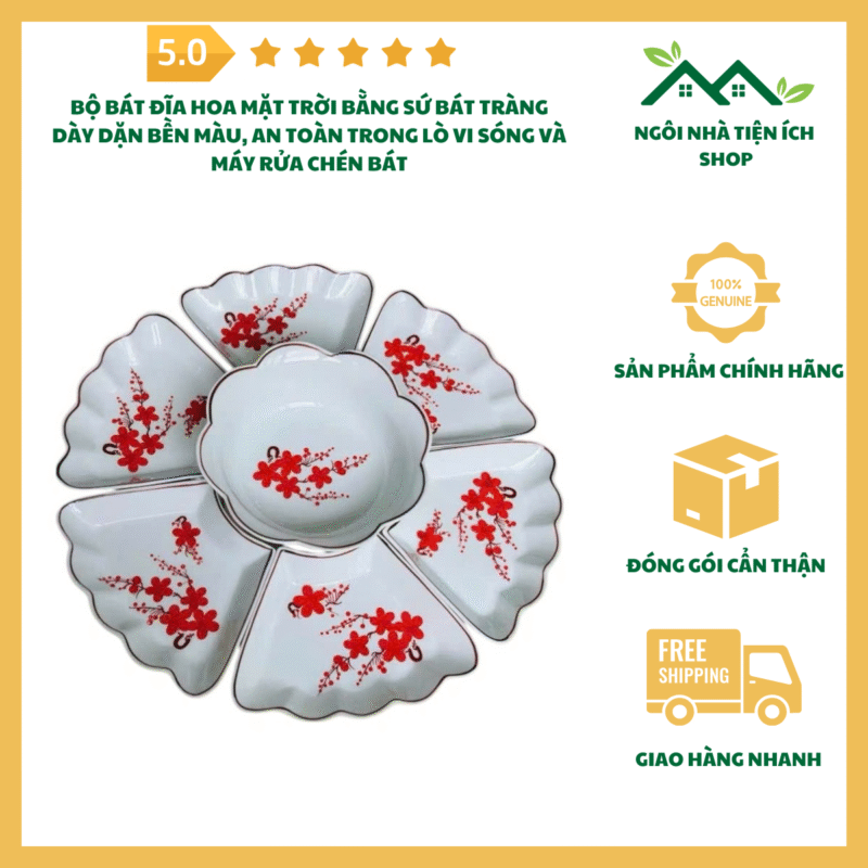 Bộ bát đĩa hoa mặt trời bằng sứ Bát Tràng gồm 6 đĩa và 1 tô trắng cao cấp