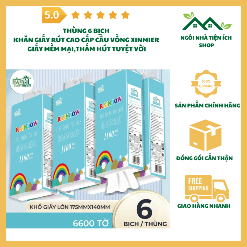 Khăn Giấy Rút Cầu Vồng Xinmier Thùng 6 Bịch Kèm Móc Treo
