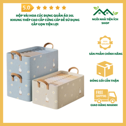 Hộp Vải Hoa Cúc Đựng Quần Áo 26L Gấp Gọn Chống Thấm Có Khung Thép