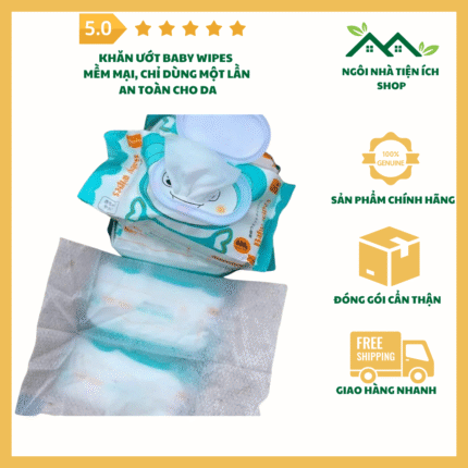 Khăn Ướt Baby Wipes an toàn cho bé, vải rayon mềm mại, không gây kích ứng.