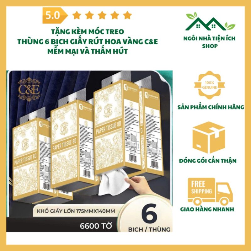Giấy Rút Hoa Vàng C&E 4 Lớp Khổ Lớn Thùng 6 Bịch