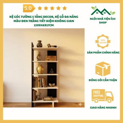 Ảnh kệ góc tường 5 tầng decor màu đen trắng gỗ đa năng trang trí phòng