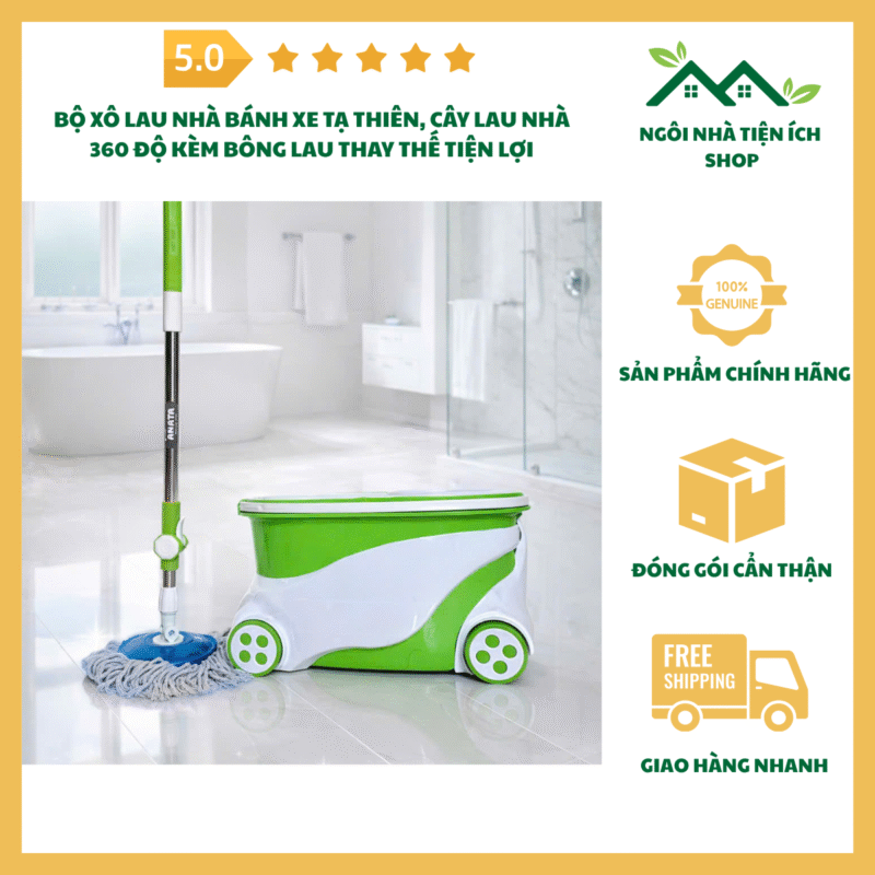 Ảnh bộ xô lau nhà Tạ Thiên có bánh xe cây lau 360 độ bông lau microfiber