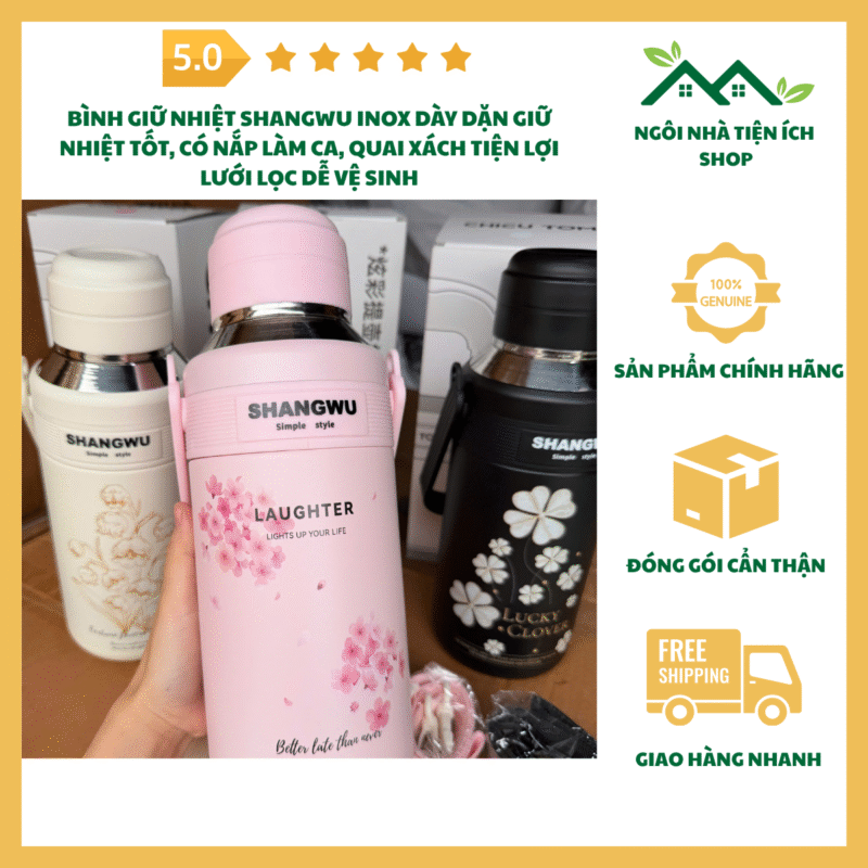 Ảnh Bình Giữ Nhiệt Shangwu inox 1200ml 1500ml có lưới lọc và dây treo