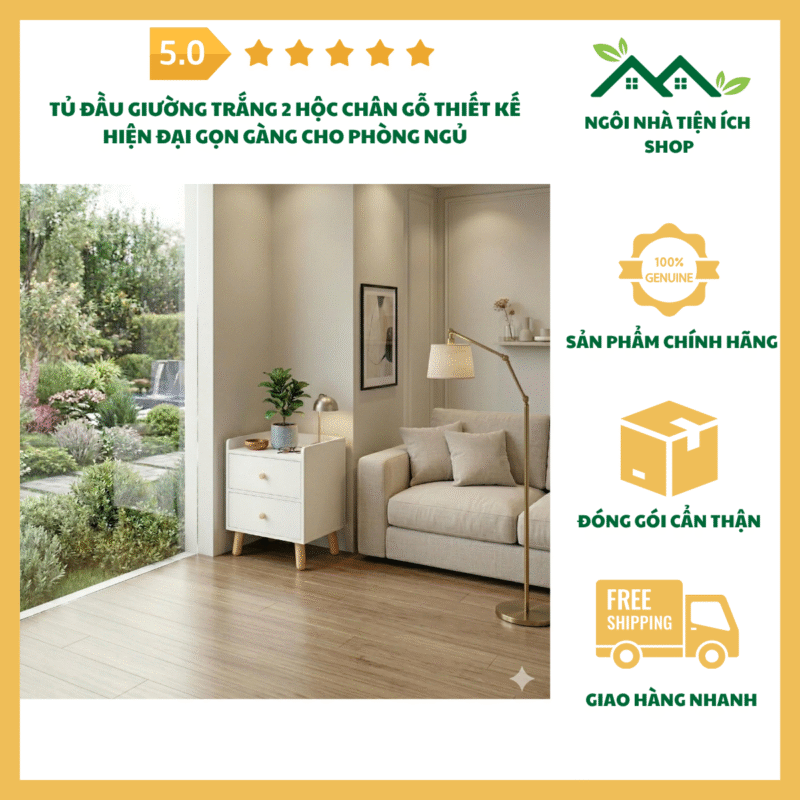 Ảnh tủ đầu giường trắng 2 hộc chân gỗ MDF hiện đại nhỏ gọn