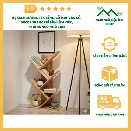 Ảnh kệ sách xương cá 5 tầng gỗ MDF vân gỗ để bàn nhỏ gọn trang trí phòng ngủ