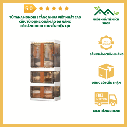 Tủ Tana HOKORI 3 Tầng Nhựa Việt Nhật Cao Cấp, Tủ Đựng Quần Áo Đa Năng Có Bánh Xe
