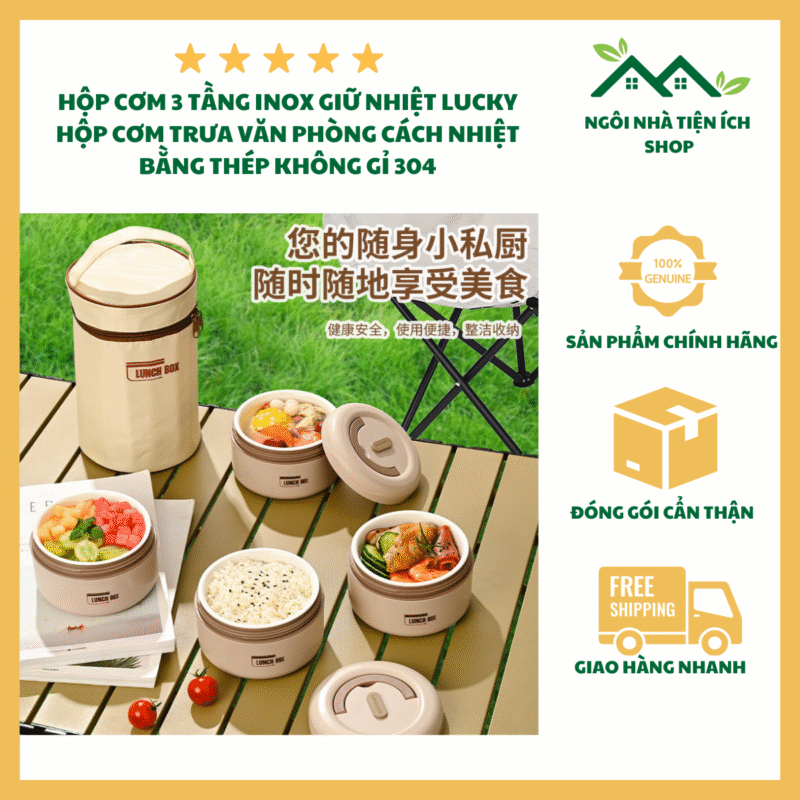 hộp cơm giữ nhiệt 3 tầng Lucky inox 304 tặng kèm túi và thìa đũa