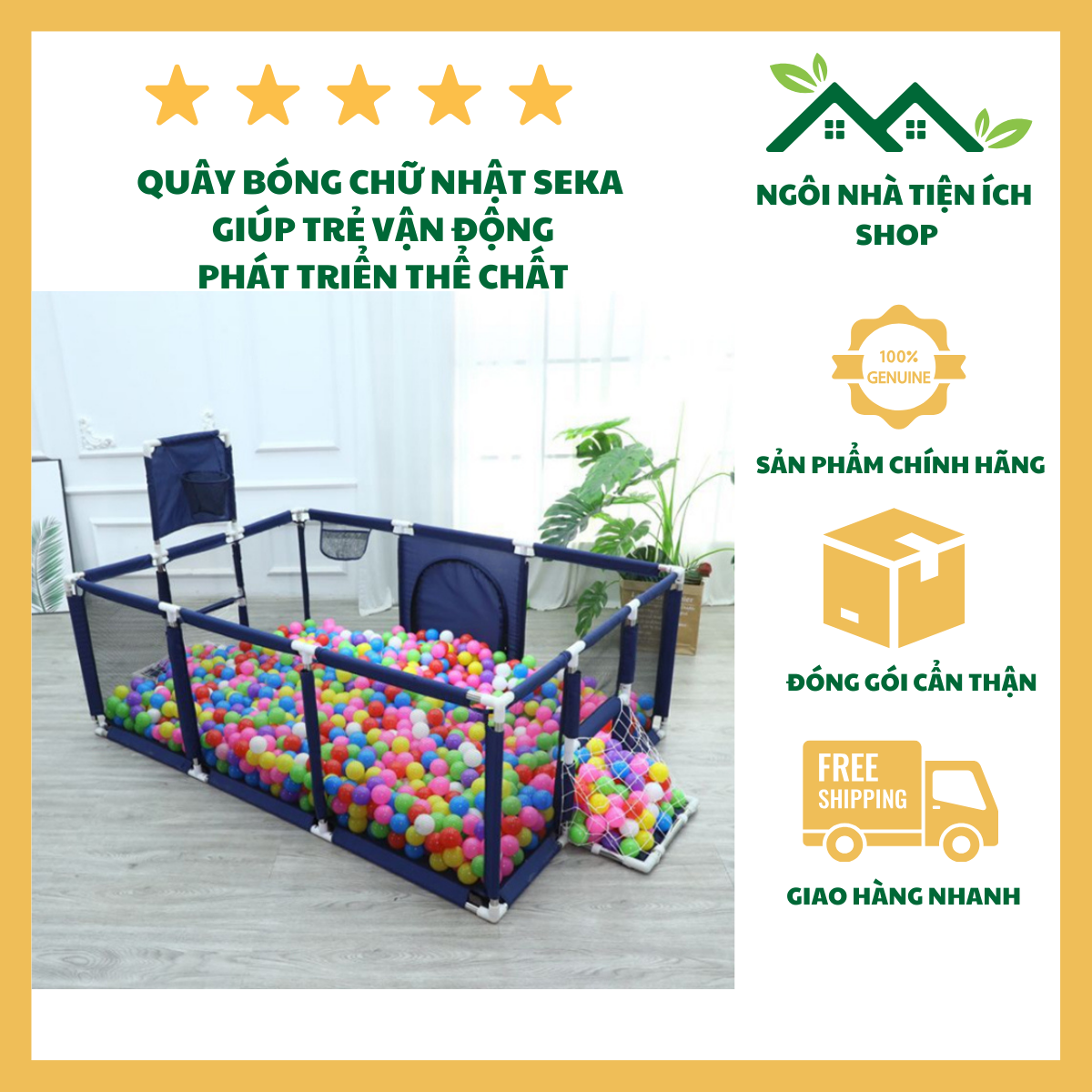 ngoi nha tien ich quây bóng khung gỗ chữ nhật seka cho bé vui chơi an toàn
