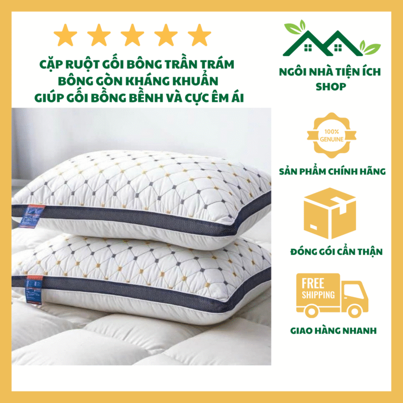 gối bông trần trám combo 1 đôi 2 cái ruột gối bông gòn kháng khuẩn cao cấp