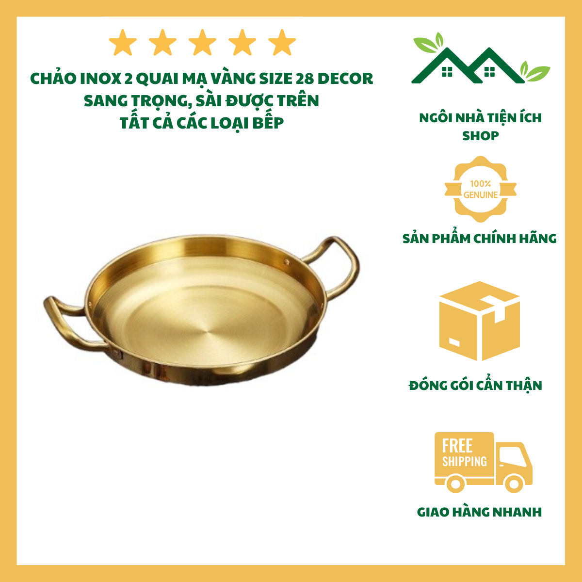 ngôi nhà tiện ích shop chảo inox 2 quai vàng size 28cm decor trang trí bàn ăn sang trọng
