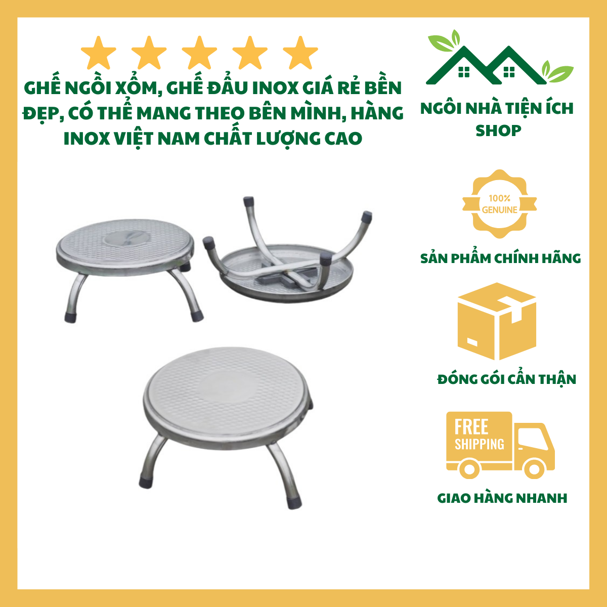 ngôi nhà tiện ích shop Ghế Inox Tròn Chân Ngắn Ngồi Xổm Inox 201 Chống Trơn Trượt Bền Chắc