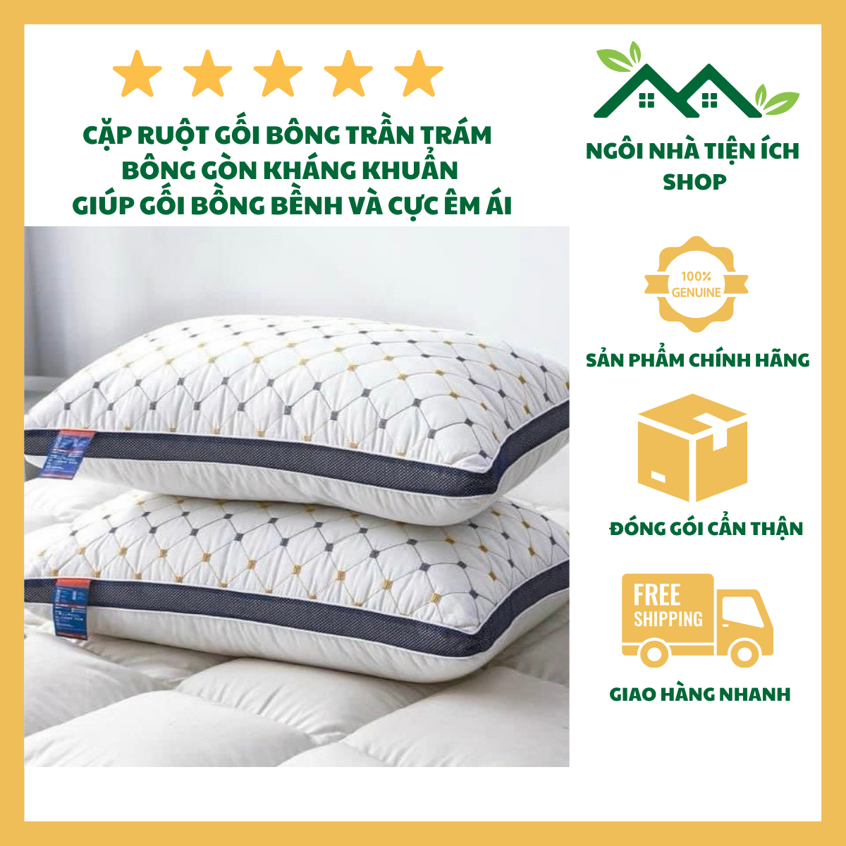 ngoi nha tien ich gối bông trần trám combo 1 đôi 2 cái ruột gối bông gòn kháng khuẩn cao cấp
