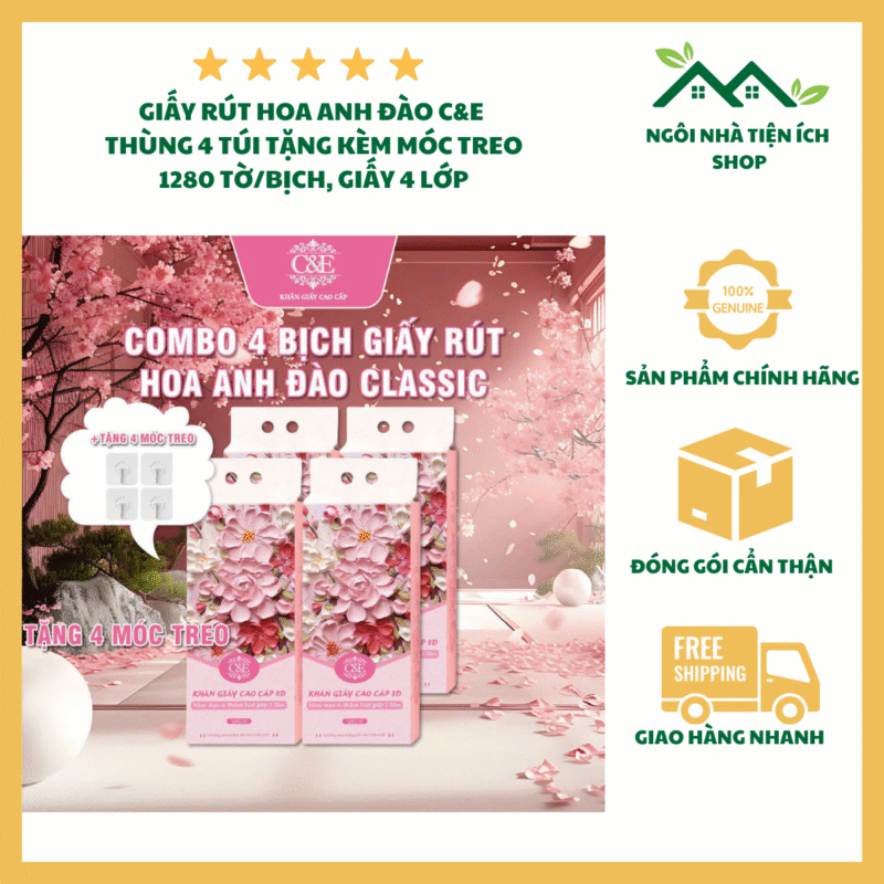thùng 4 gói giấy rút treo tường hoa anh đào c&e 4 lớp cao cấp mềm mịn