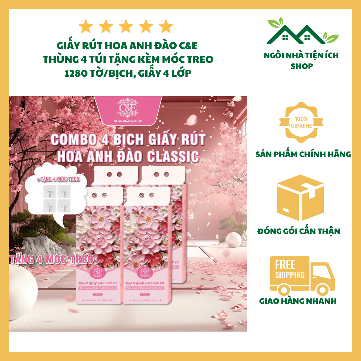 ngoinhatienich (1) thùng 4 gói giấy rút treo tường hoa anh đào c&e 4 lớp cao cấp mềm mịn