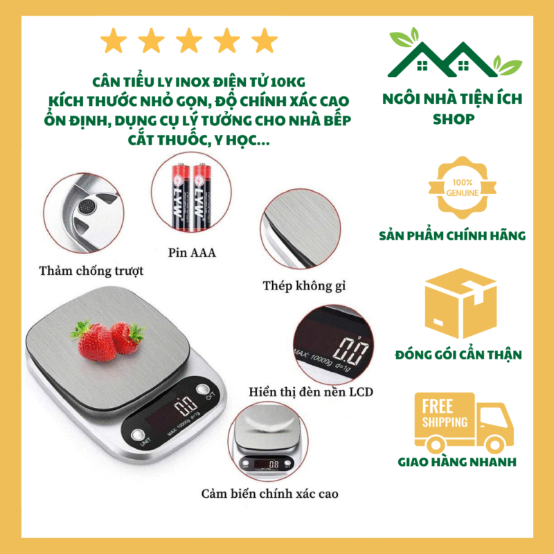 cân tiểu ly inox điện tử 10kg nhỏ gọn độ chính xác cao