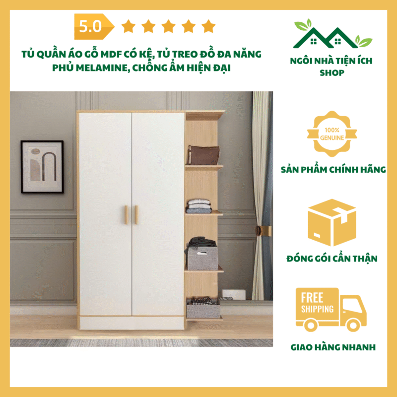 tủ quần áo gỗ mdf có kệ phủ melamine chống ẩm hiện đại