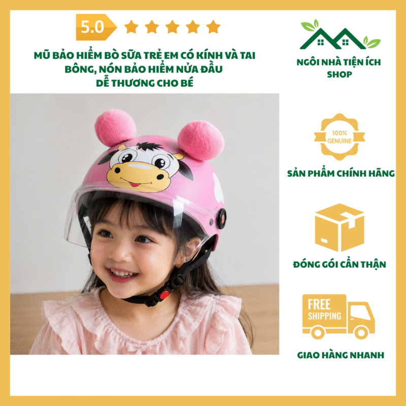 mũ bảo hiểm bò sữa trẻ em có kính và tai bông dễ thương