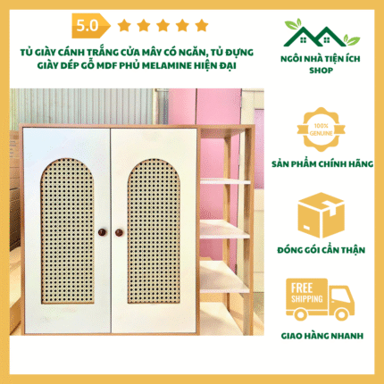 tủ giày cánh trắng cửa mây có ngăn gỗ mdf phủ melamine hiện đại
