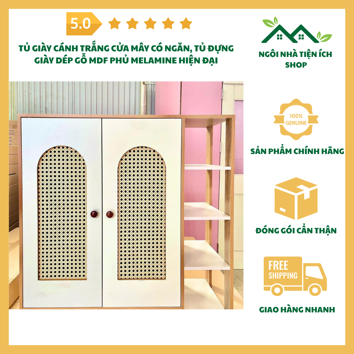 ngoinhatienich tủ giày cánh trắng cửa mây có ngăn gỗ mdf phủ melamine hiện đại