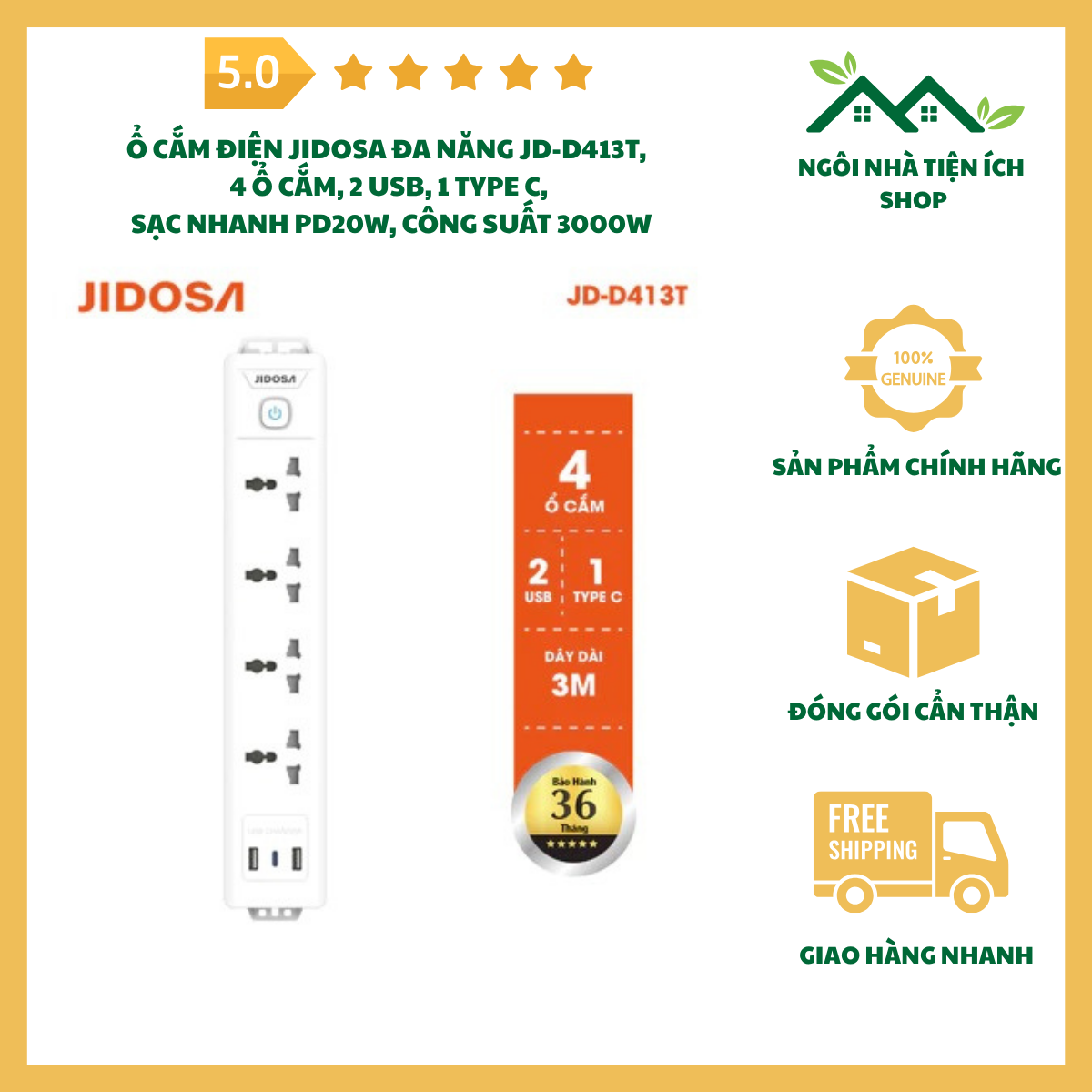 ngoinhatienich ổ cắm điện jidosa jd d413t đa năng sạc nhanh pd20w type c