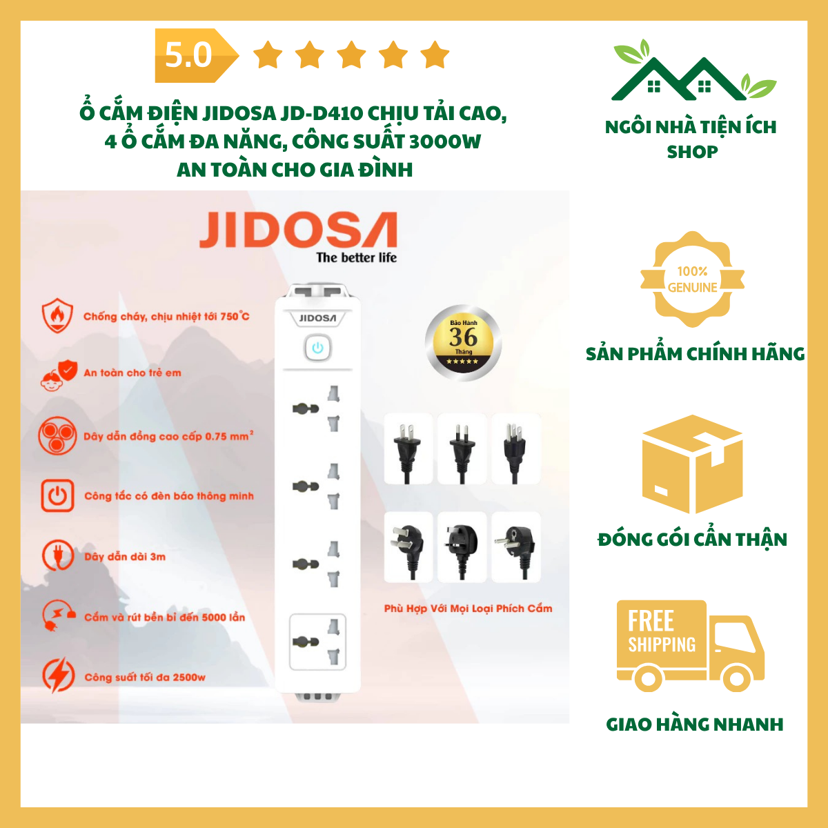 ngoinhatienich ổ cắm điện jidosa jd d410 đa năng 4 ổ cắm chịu tải cao