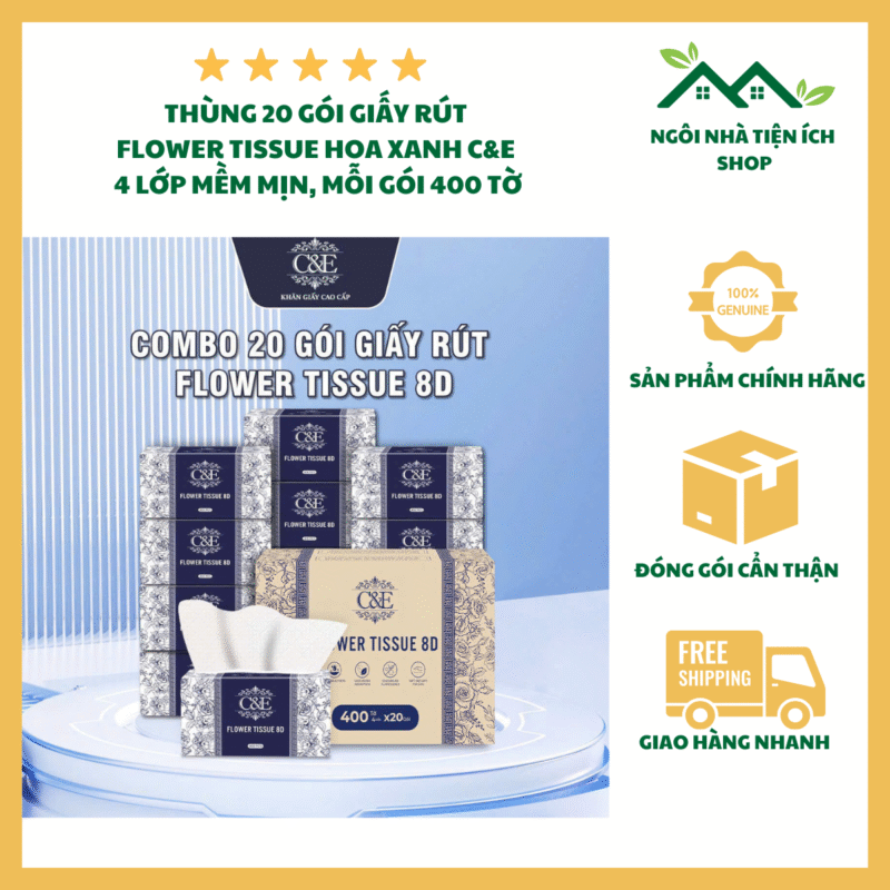 thùng 20 gói giấy rút hoa xanh chagee c&e 4 lớp cao cấp mềm mại