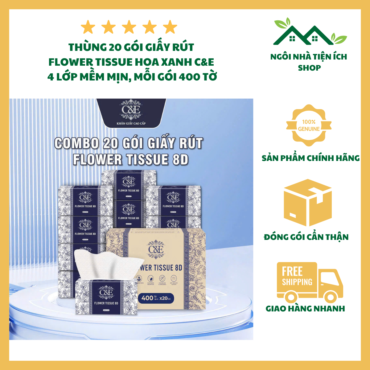 ngoinhatienich thùng 20 gói giấy rút hoa xanh chagee c&e 4 lớp cao cấp mềm mại