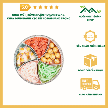 khay mứt tròn 5 ngăn hokori 5637-1 có nắp đựng bánh kẹo tết sang trọng