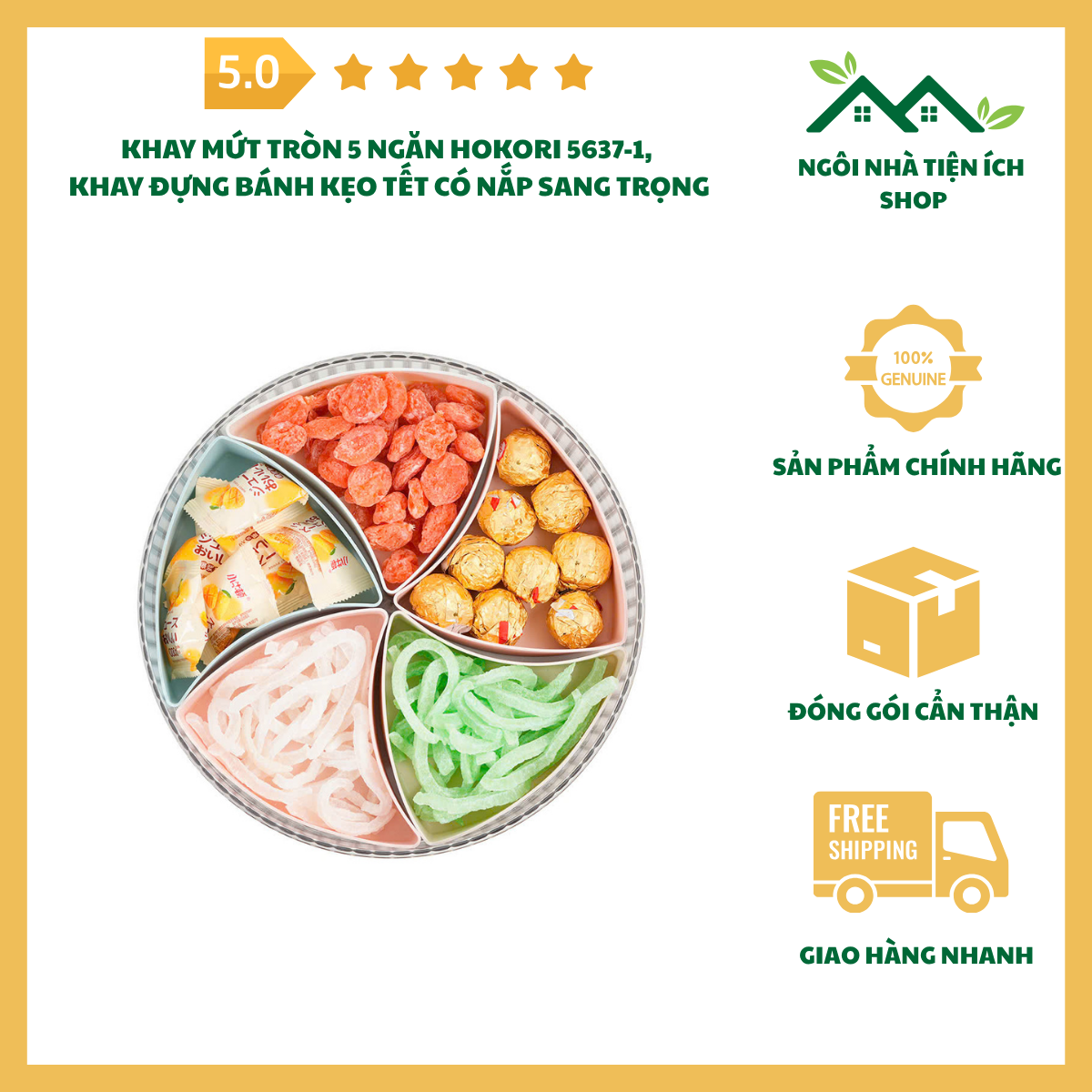 ngoinhatienich khay mứt tròn 5 ngăn hokori 5637-1 có nắp đựng bánh kẹo tết sang trọng