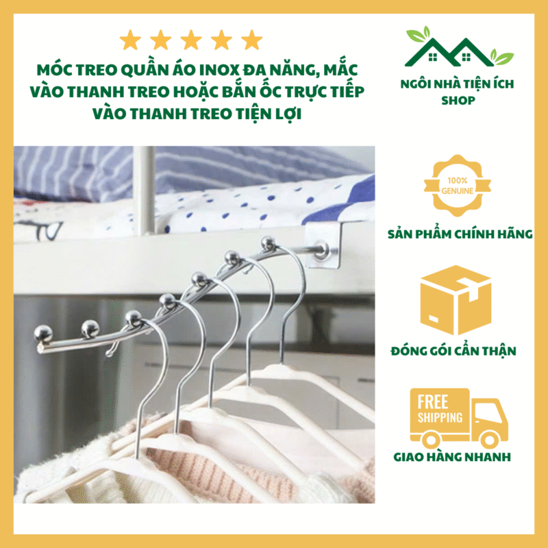 móc treo quần áo 7 bi cong inox móc treo đồ inox chống gỉ 30cm