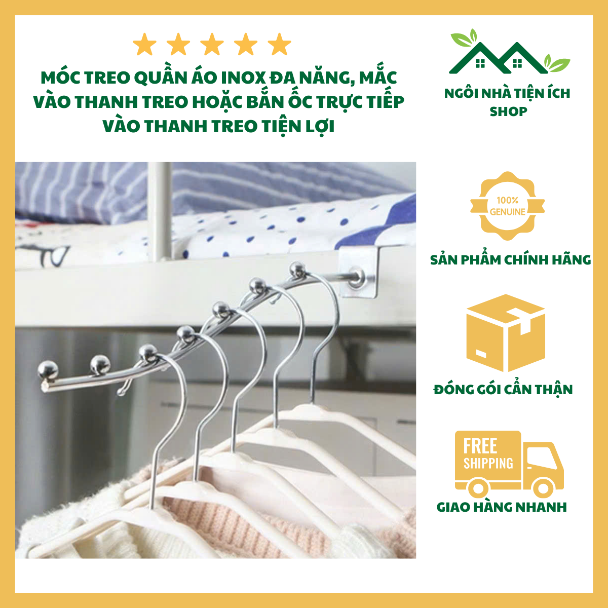 ngoinhatienich móc treo quần áo 7 bi cong inox móc treo đồ inox chống gỉ 30cm