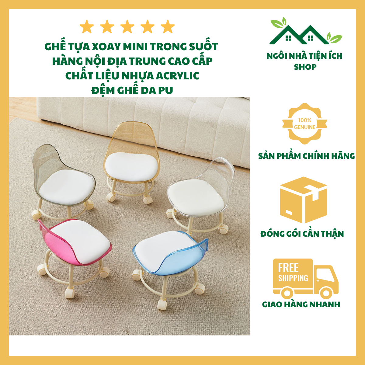 ngoinhatienich ghế tựa xoay mini trong suốt cao cấp ghế acrylic kèm đệm da PU