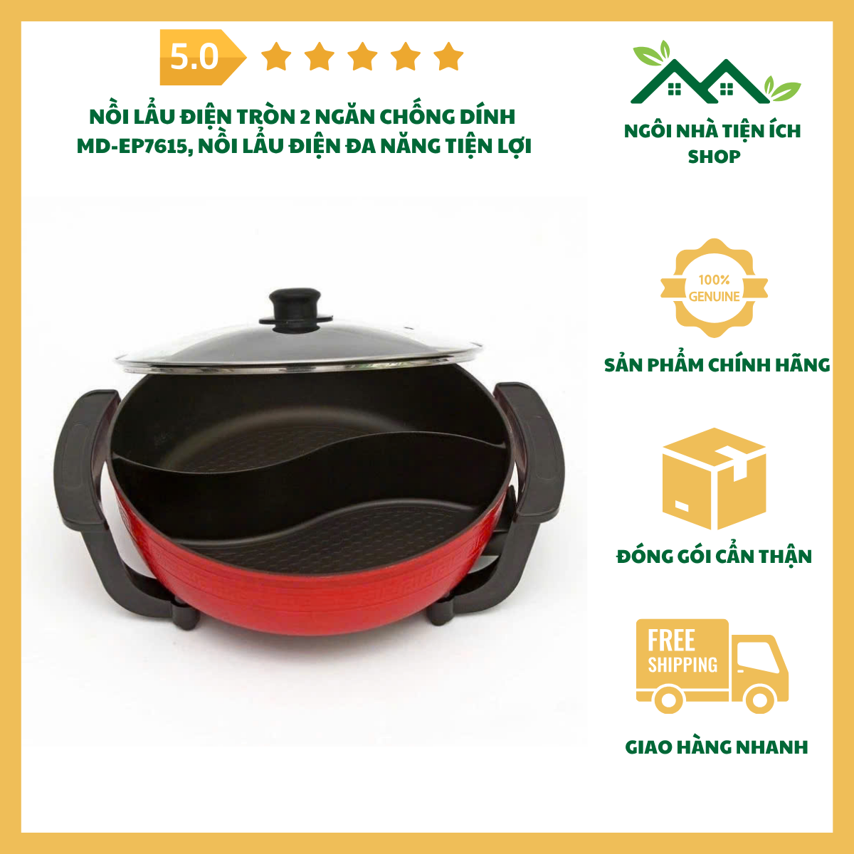ngoinhatienich nồi lẩu điện tròn 2 ngăn chống dính MD-EP7615 đa năng tiện lợi