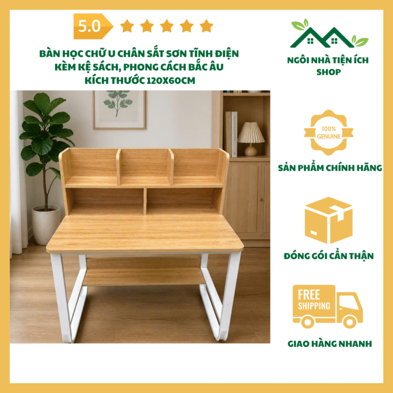 bàn học chữ u chân sắt kèm kệ sách 120x60cm