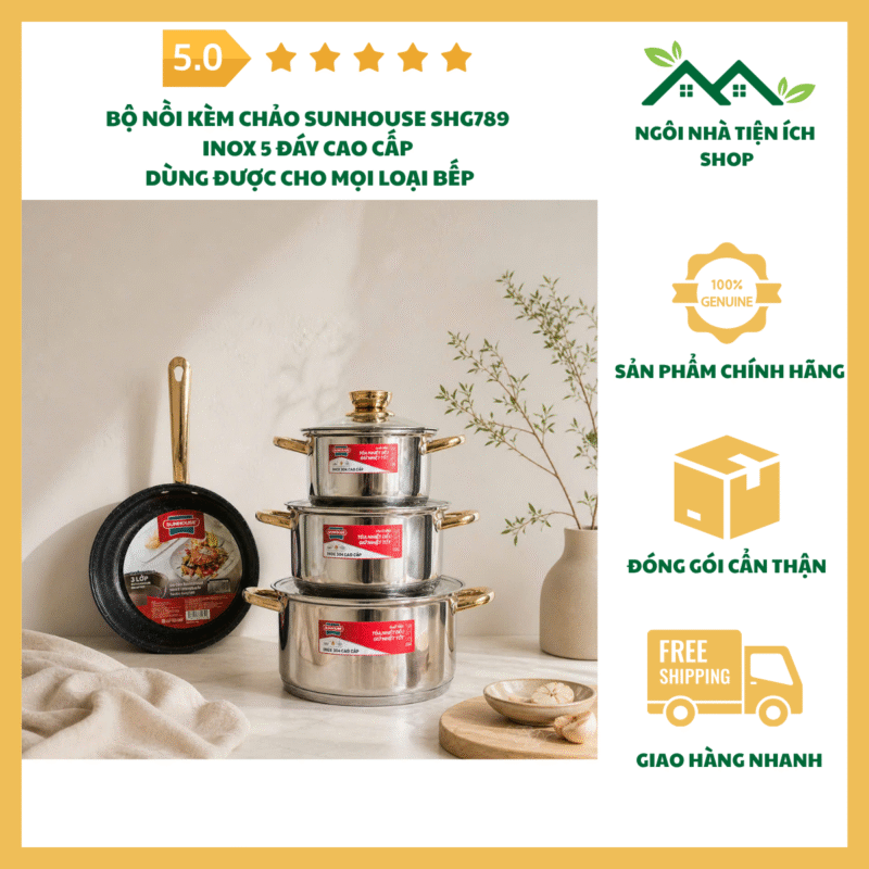 bộ nồi kèm chảo sunhouse shg789 inox 5 đáy cao cấp