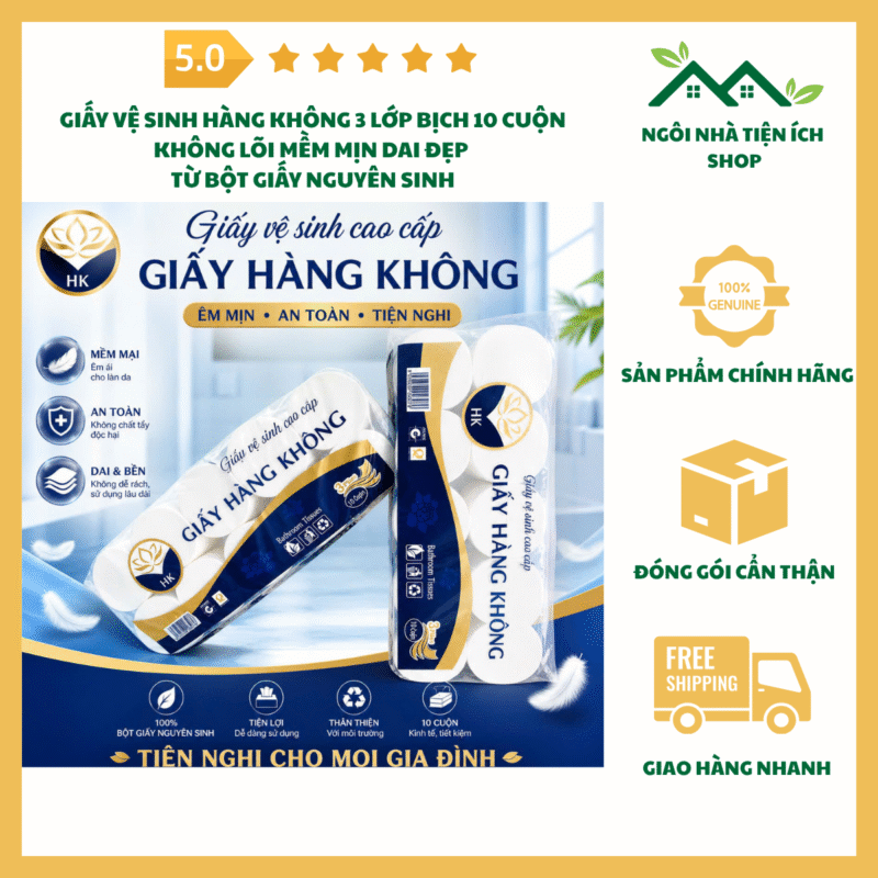 giấy vệ sinh hàng không 3 lớp bịch 10 cuộn không lõi mềm mịn