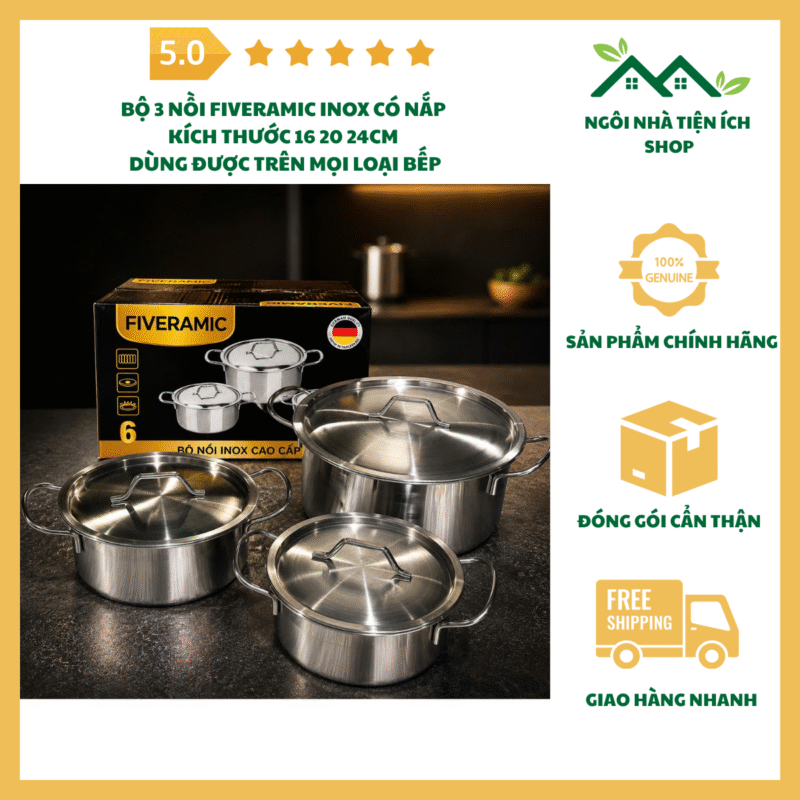 combo 3 nồi fiveramic inox có nắp dùng được mọi loại bếp