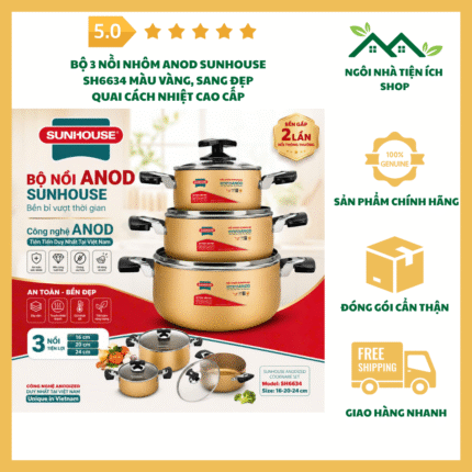 bộ 3 nồi nhôm anod sunhouse sh6634 màu đỏ đô cao cấp