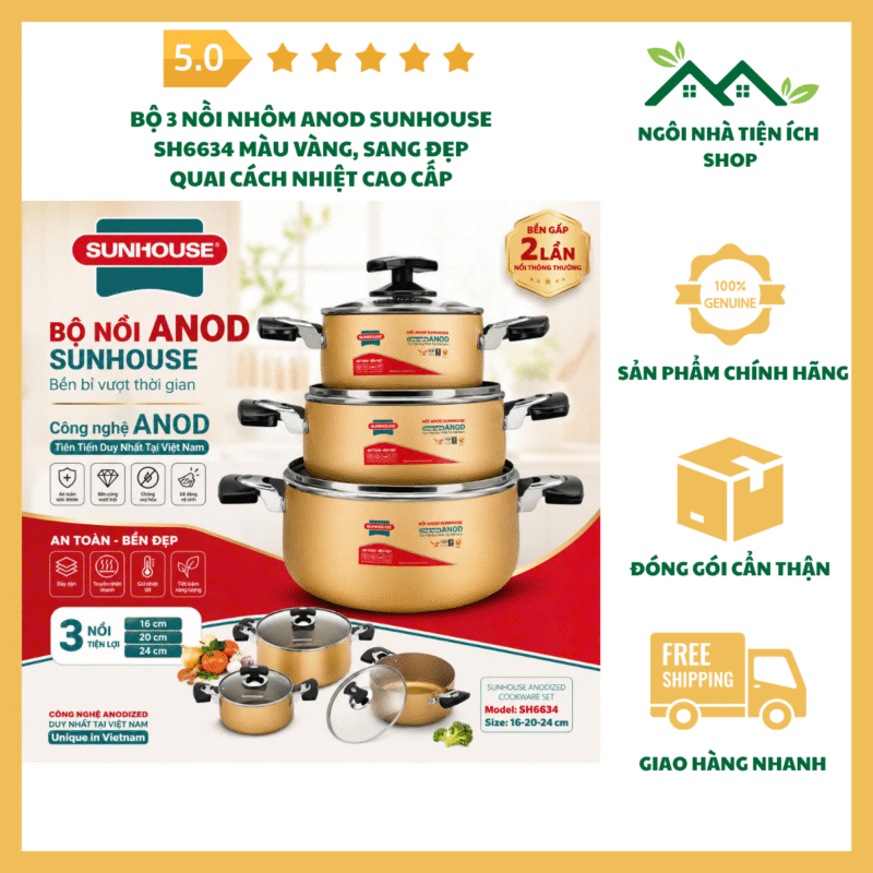 bộ 3 nồi nhôm anod sunhouse sh6634 màu đỏ đô cao cấp