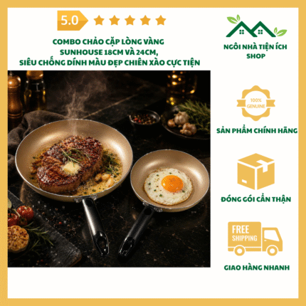 combo chảo cặp lòng vàng sunhouse 18cm và 24cm chống dính