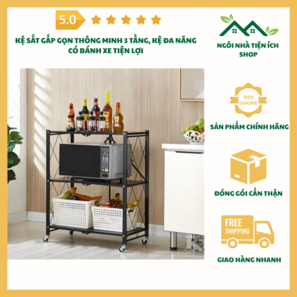 kệ sắt gấp gọn 3 tầng thông minh có bánh xe tiện lợi