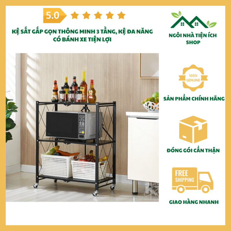 kệ sắt gấp gọn 3 tầng thông minh có bánh xe tiện lợi