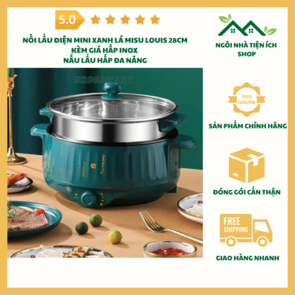 nồi lẩu điện mini xanh lá misu louis 28cm kèm giá hấp inox